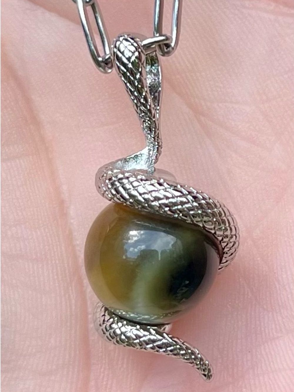 Silver Snake Pendant necklace with Tigers Eye Sphere handmade
